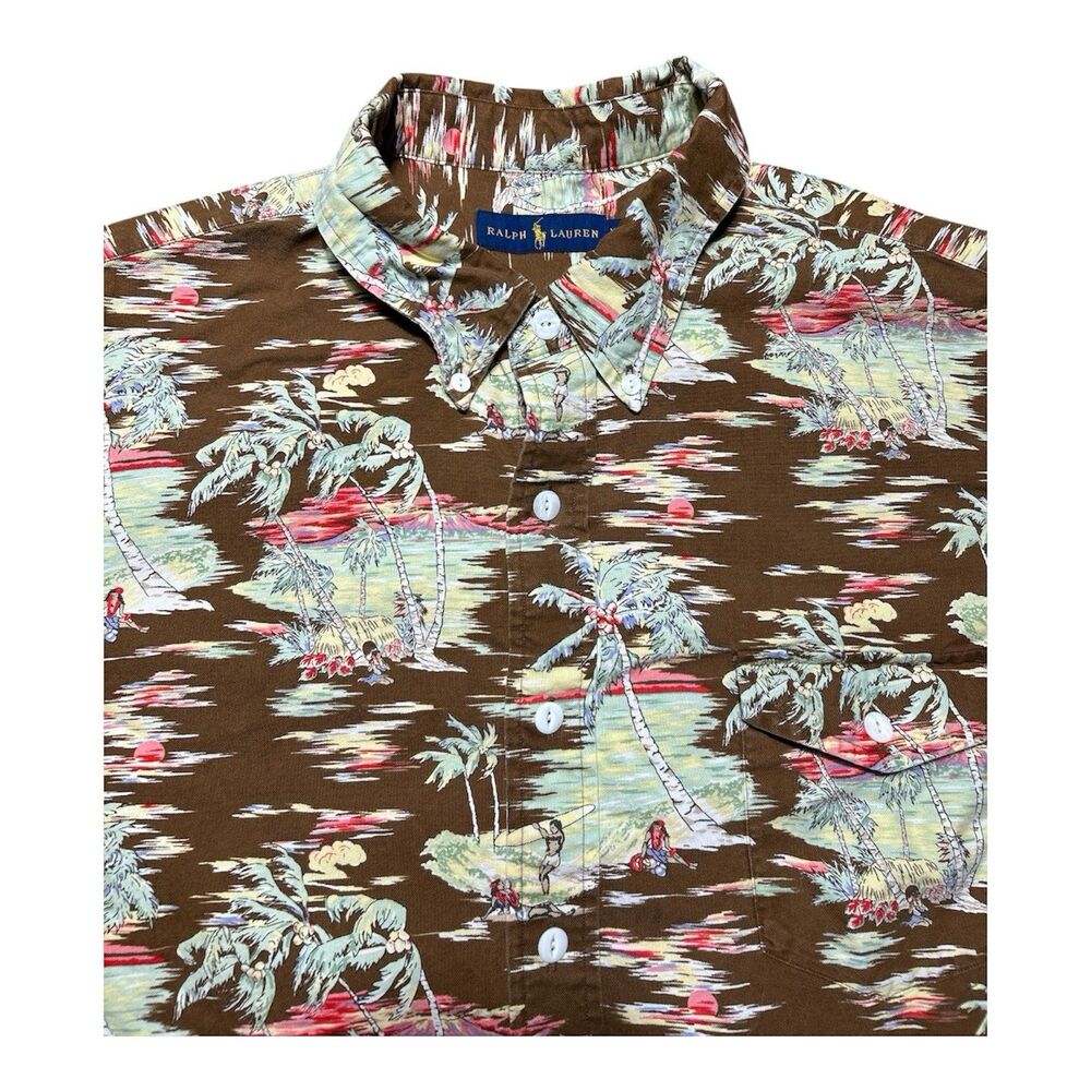 Ralph Lauren Hula Girl AOP Hawaii Brown Short Sleeve Button Down Shirt Men XXL